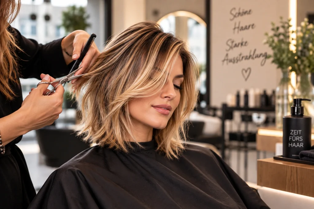 Friseurin schneidet einer Kundin die Haare bei Zeit fürs Haar in Zirndorf