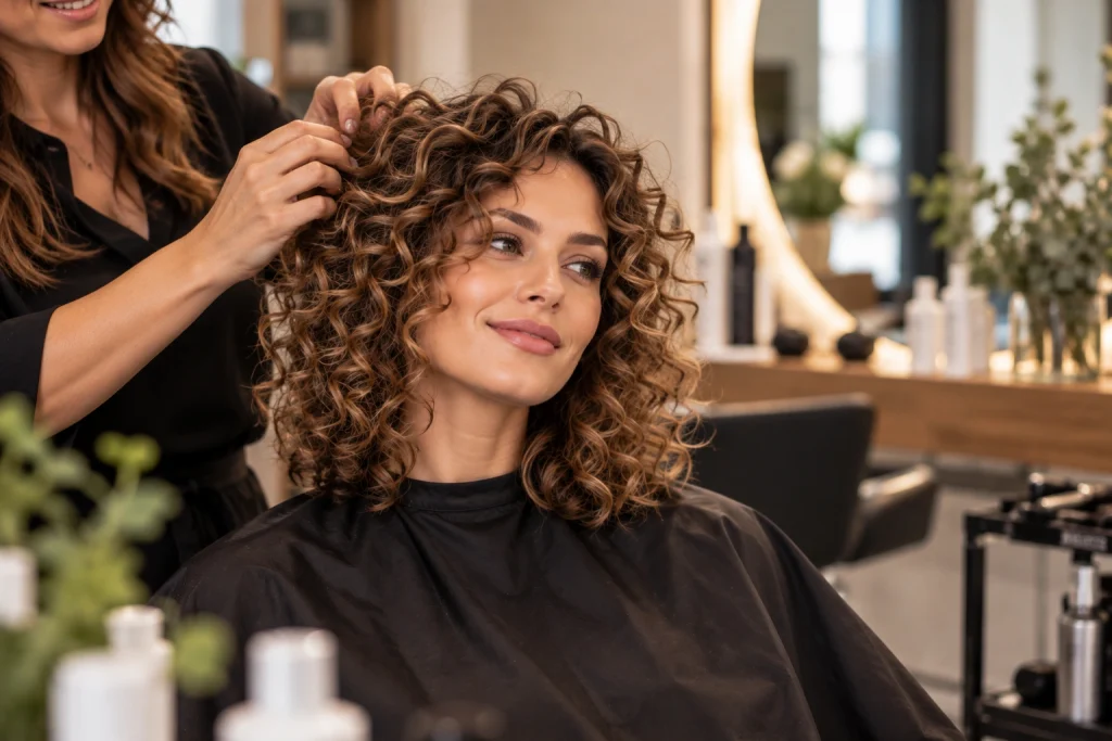 Kundin mit modernen Locken nach einer Dauerwelle bei Zeit fürs Haar in Zirndorf