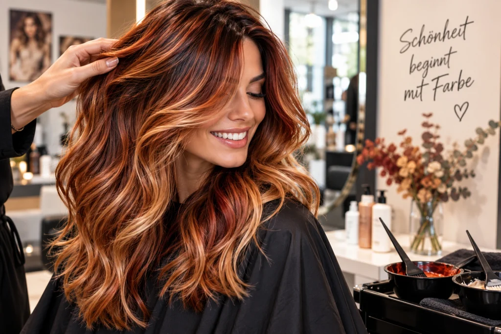 Kundin mit modernem Kupfer-Balayage und warmen Highlights im Friseursalon